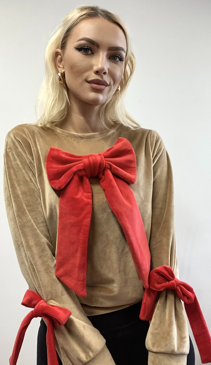 Bluza din catifea cu fundite, bej