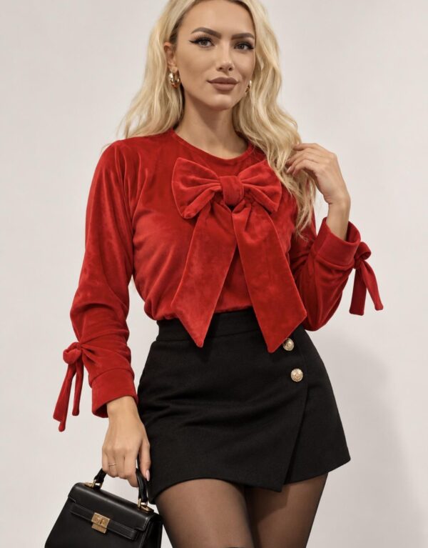 Bluza din catifea cu funde, rosu